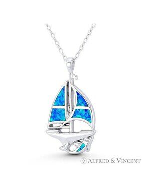 Longbow Sailboat Seafarer Charm Created Opal Pendant in .925 Sterling Silver